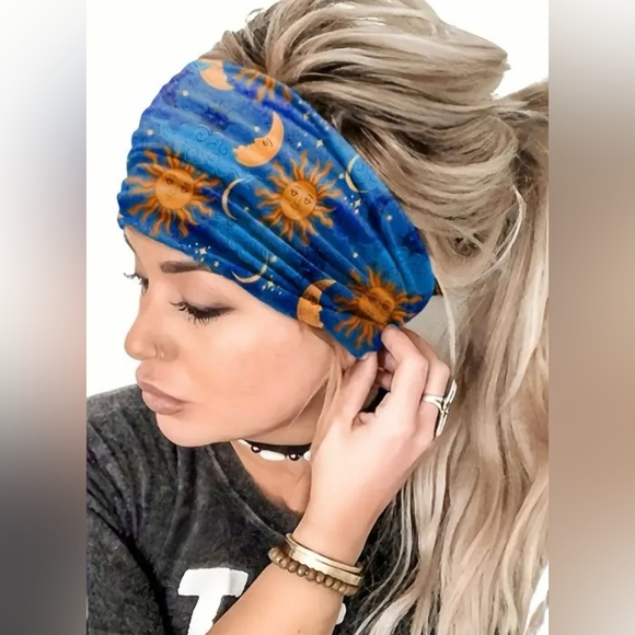 Aqua Celestial Print Wide BOHO Headband - Picture 1 of 2
